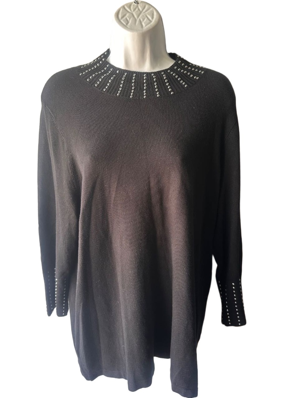 Allison Daley Black Knit Tunic Sweater Rhinestone Stud Embellished Crew Neck XL